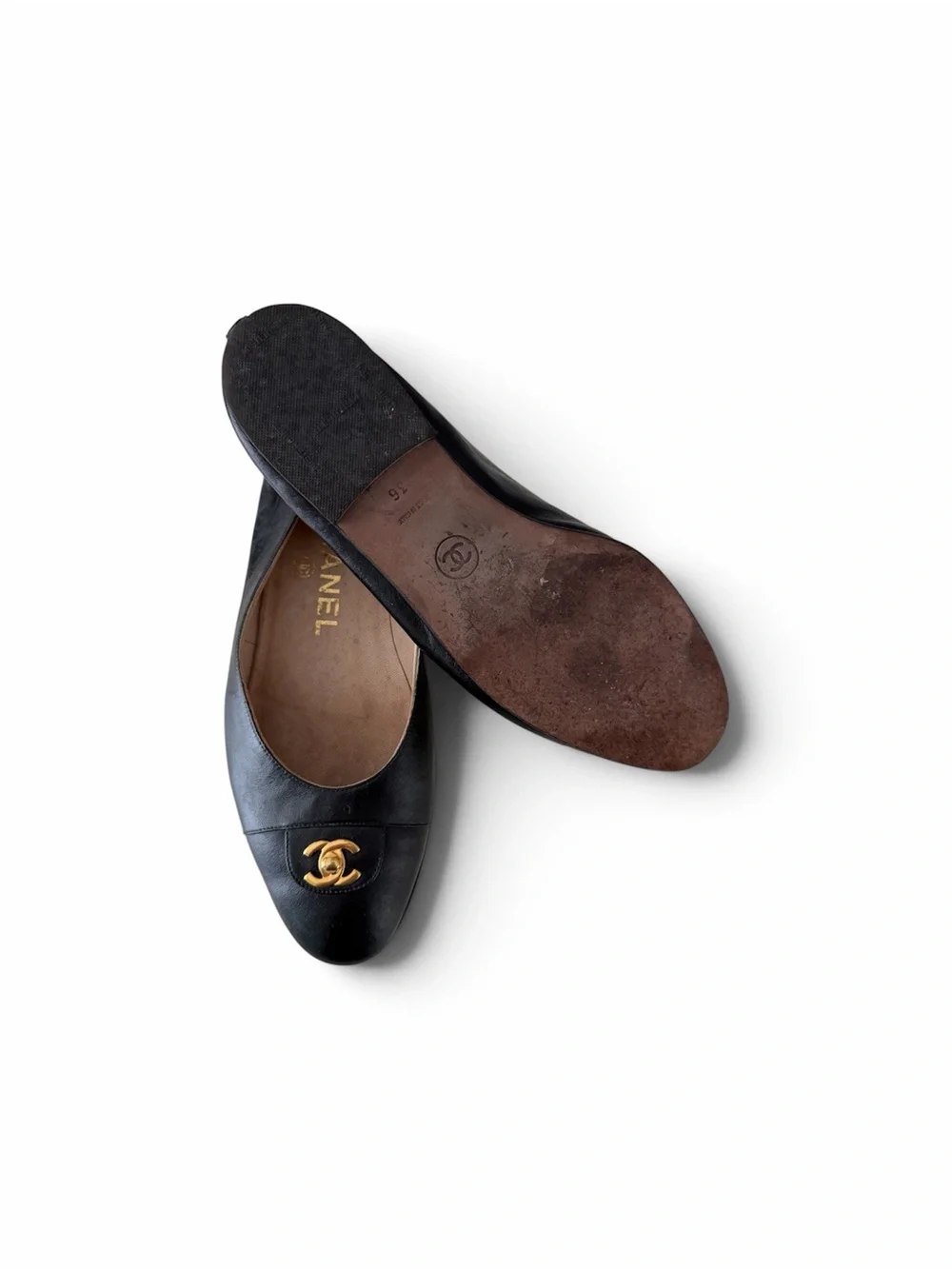 CHANEL Rare 24K CC Lock Black Leather Ballet Flats / EU 36